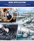 Collage showing uses of 61 Piece Thread Repair Kit For Auto Mechanics And DIYers with taps, dies, including automotive and industrial applications.
