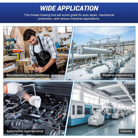 Collage showing uses of 61 Piece Thread Repair Kit For Auto Mechanics And DIYers with taps, dies, including automotive and industrial applications.