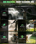 Kick Out Stubborn Grime With This Slick Cordless Pressure Washer Featuring A 3.4 Gallon Foldable Tank And 23 Foot Hose For Sweet Patio Bike And Car Cleaning Routines, showcasing versatile cleaning tasks.