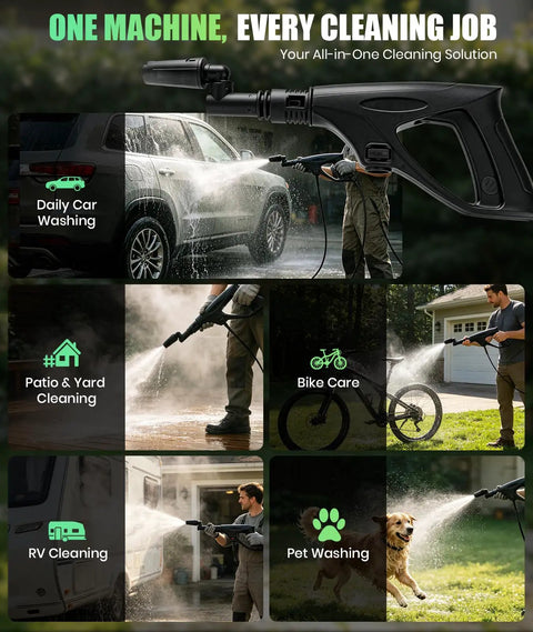Kick Out Stubborn Grime With This Slick Cordless Pressure Washer Featuring A 3.4 Gallon Foldable Tank And 23 Foot Hose For Sweet Patio Bike And Car Cleaning Routines, showcasing versatile cleaning tasks.