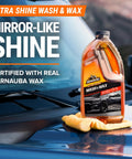 All In One Car Wash Kit With Ultra Shine Soap Plush Wash Mitt Microfiber Towel And Wax Buff For A Showroom Shine Without The Hassle bottle on car hood