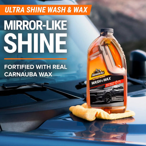 All In One Car Wash Kit With Ultra Shine Soap Plush Wash Mitt Microfiber Towel And Wax Buff For A Showroom Shine Without The Hassle bottle on car hood