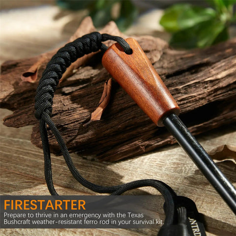 Side view of Handmade Wooden Handle Three Eighths Inch Thick Ferro Rod Fire Starter Kit on wood surface.