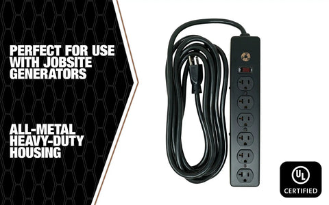 Beefy All Metal Mountable Power Strip With 6 NEMA 5-20 Receptacles, UL Certified, Heavy-Duty Design, Black, 6 ft Cord