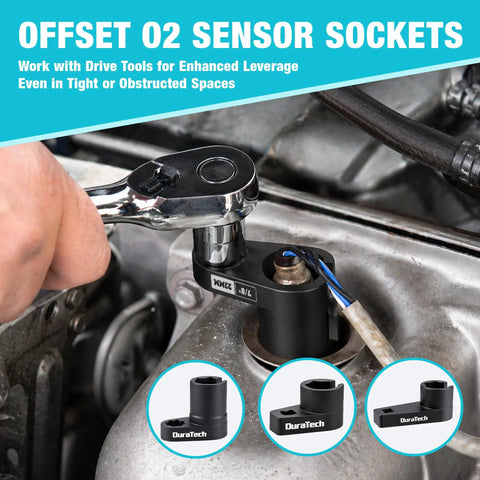 O2 Sensor Socket Set With 6 Sizes And 3/8 Inch And 1/2 Inch Drives used on engine part with close-up inserts
