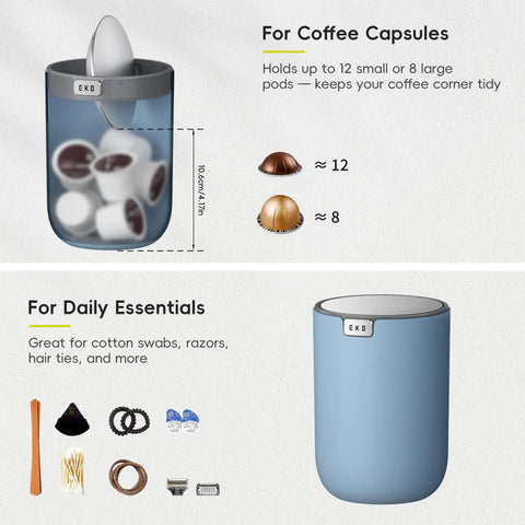 Ultra Compact 1.5L Mini Tabletop Trash Can With Swing Lid For Bathroom Vanity Or Desk Space Saving 4.7 Inch Diameter 6.5 Inch Tall Small Garbage Bin For Office Countertop in blue, showing versatility for coffee capsules and daily essentials.