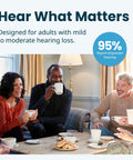 Seniors enjoying coffee together, discussing OTC Behind The Ear Hearing Aids For Seniors with All Day Rechargeable Power.