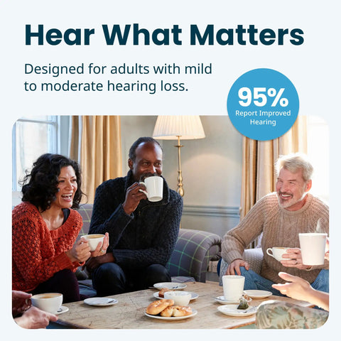 Seniors enjoying coffee together, discussing OTC Behind The Ear Hearing Aids For Seniors with All Day Rechargeable Power.