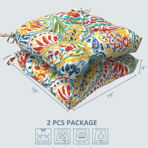 All Weather Tufted Wicker Chair Cushions Set Of 2 For Outdoor Patio Or Indoor Use, 19 Inch By 19 Inch By 4 Inch, Decorative Paisley Multi