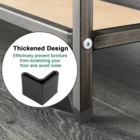 Rubber Angle Iron End Caps 20 Pack Black L Shaped Corner Protectors That Grip Tight To Keep Hardwood Floors Scratch Free With A Thickened Sturdy Build And Super Snug Drop In Fit, showcasing thick black rubber cap on furniture leg.