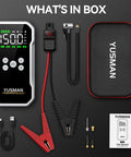 Beast 8000A Jump Starter With Air Compressor And 160 PSI, showing components in box including cables, case, and manual.