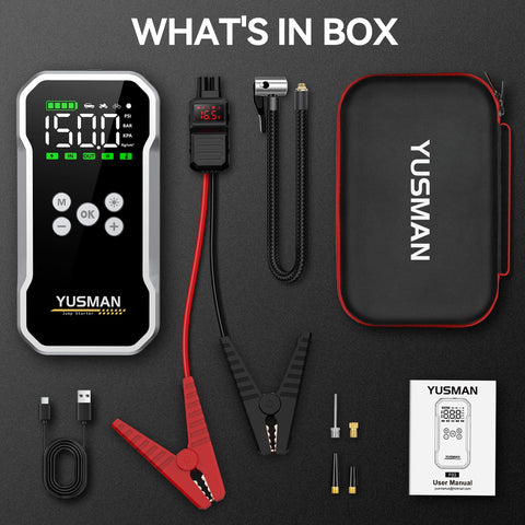 Beast 8000A Jump Starter With Air Compressor And 160 PSI, showing components in box including cables, case, and manual.