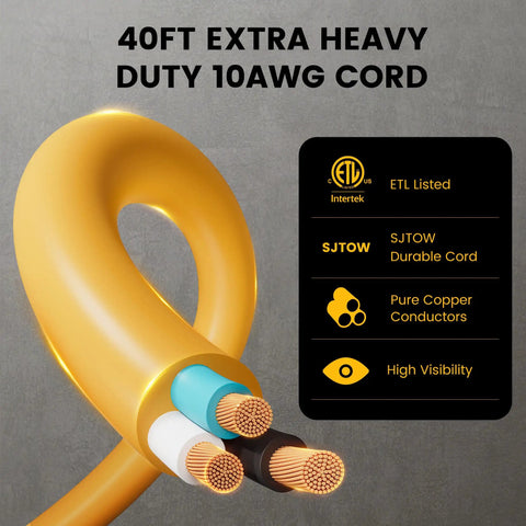 Close-up of 40ft retractable 10 AWG SJTOW cable with pure copper conductors, ETL listed, for garage and shop tools.