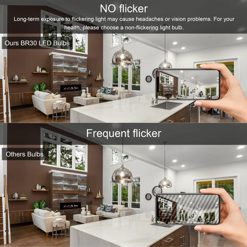 Comparison of BR30 Flood LED Light Bulbs 5000K Daylight 65W Equivalent E26 Base with another bulb showing flicker differences in a living room.