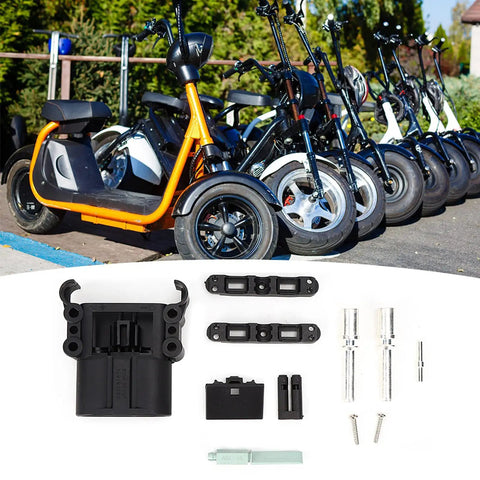 Heavy Duty 160A Wire Connectors Plugs Rated At 150V For Electric Forklifts And Stackers High Current Capacity parts with electric scooters in background.