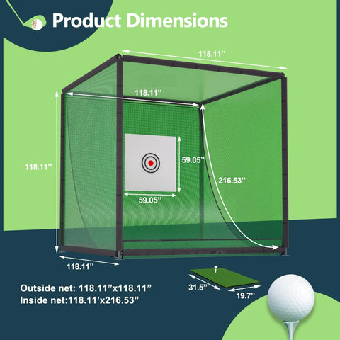 Backyard Golf Practice Net Cage With 10 By 10 By 10 Ft Metal Frame Hitting Net Kit dimensions showing target