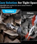 Ratcheting Tap Socket Set Two Piece For Cramped Spaces With Adjustable Jaws And Dual Drive Three Eighths Inch Hex Drive Fits Taps Reamers And Screw Extractors Cr-Mo Steel in use on engine in tight space.