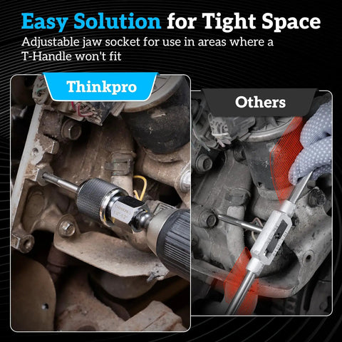 Ratcheting Tap Socket Set Two Piece For Cramped Spaces With Adjustable Jaws And Dual Drive Three Eighths Inch Hex Drive Fits Taps Reamers And Screw Extractors Cr-Mo Steel in use on engine in tight space.