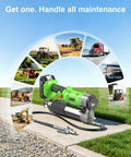 Cordless 12000 PSI Electric Grease Gun Kit with Dual Batteries, 48 Inch Hose on grass with maintenance options in background