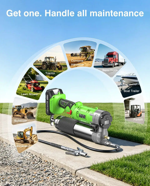 Cordless 12000 PSI Electric Grease Gun Kit with Dual Batteries, 48 Inch Hose on grass with maintenance options in background