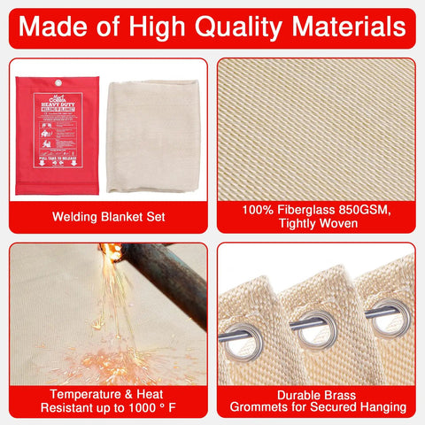 Heavy Duty Welding Blanket Fireproof Insulated Shield for sparks, woven fiberglass, brass grommets, up to 1000°F heat resistance