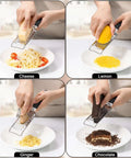 Stainless Steel Handheld Cheese Grater With Soft Grip Handle And Zester used for grating cheese, lemon, ginger, and chocolate in the kitchen.