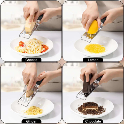 Stainless Steel Handheld Cheese Grater With Soft Grip Handle And Zester used for grating cheese, lemon, ginger, and chocolate in the kitchen.