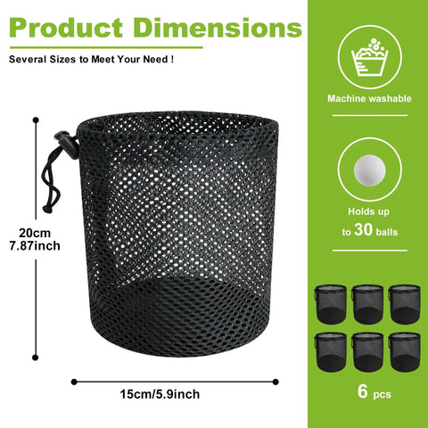 Black 15x20 cm nylon mesh bag with drawstring from Six Pack Golf Ball Mesh Bags With Drawstrings For Easy Storage And Travel