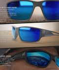 Close-up of polarized wraparound safety glasses with blue mirror lens, ANSI Z87+, and non-slip nylon frame, 5.04 inch wide.