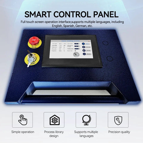 Smart control panel of 3000W Four In One Laser Welding Machine With Auto Wire Feeder 380V, featuring touch screen and multilingual support.