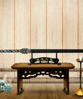 Solid Wood Sword Display Stand For Katana Wakizashi And Tanto Velvet Padded Wall Hanger Rack One Tier shown with decorative table