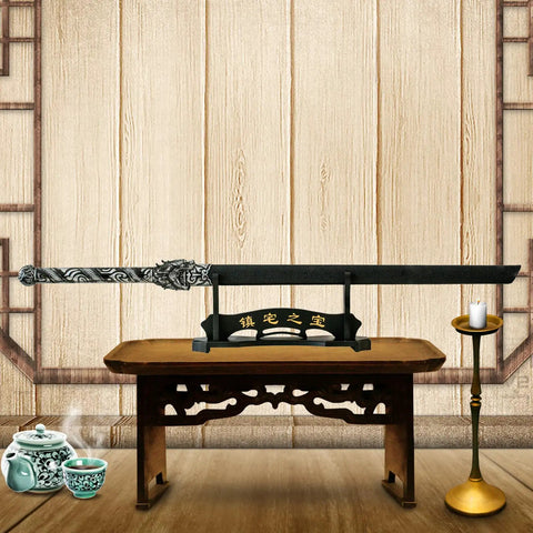 Solid Wood Sword Display Stand For Katana Wakizashi And Tanto Velvet Padded Wall Hanger Rack One Tier shown with decorative table