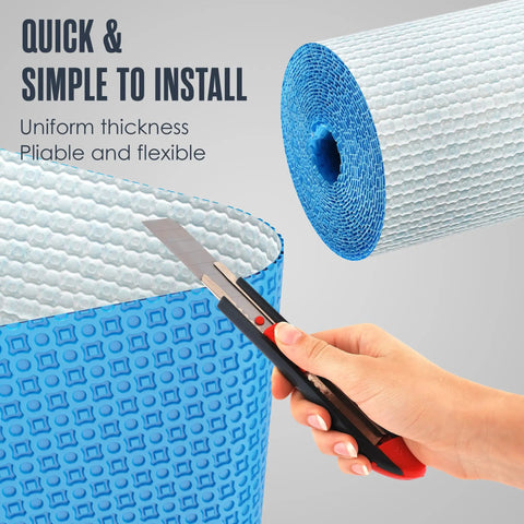 Solid Uncoupling Membrane Roll For Tile Underlayment Spanning 150 Square Feet, cut with knife for easy installation.