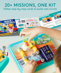 Child assembling Space Circuit Lab Kit for Kids with 50 plus projects and 46 plus components, featuring colorful baseboard and circuits.