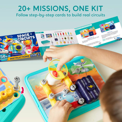 Child assembling Space Circuit Lab Kit for Kids with 50 plus projects and 46 plus components, featuring colorful baseboard and circuits.