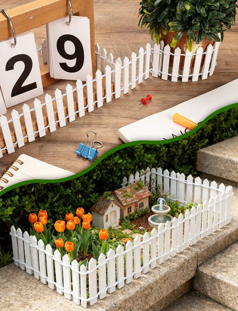 Three Piece 35 Inch White Mini Christmas Garden Fence For Fairy Gardens And Dollhouses Wood Picket Ornament Fence in use