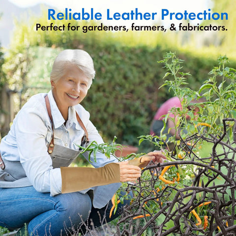 Heavy Duty Genuine Cowhide Arm Chaps And Rugged Protective Work Sleeves Built To Block Cuts Scratches And Bruises At Outdoor Jobs during gardening.