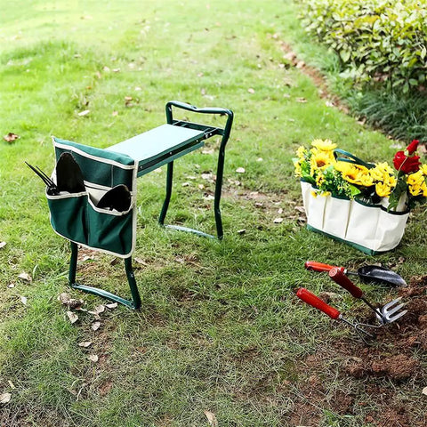 Grab And Go Foldable Garden Kneeler Seat With Two Pocket Tool Bag Pouch And EVA Foam Knee Pad, Durable Garden Stool on grass