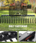 Front view of Tow Behind Landscape Rake 60 Inch Dethatcher with 21 steel coil tines, showing bolt fastening and installation.
