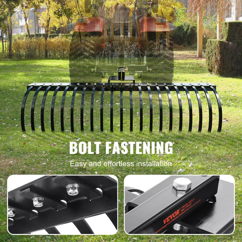 Front view of Tow Behind Landscape Rake 60 Inch Dethatcher with 21 steel coil tines, showing bolt fastening and installation.