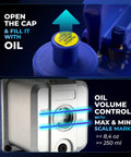 Automotive AC vacuum pump; close-up of oil fill cap with fill instruction and oil level gauge (max/min).