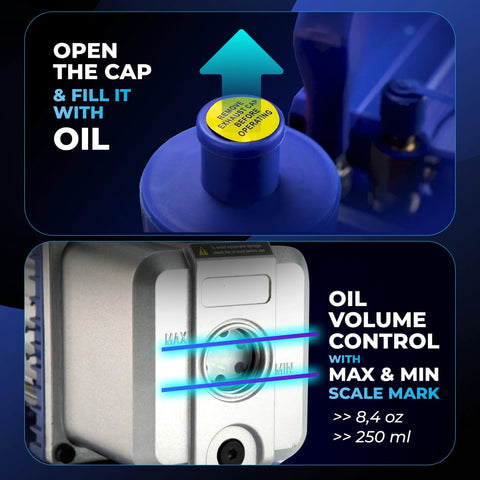 Automotive AC vacuum pump; close-up of oil fill cap with fill instruction and oil level gauge (max/min).