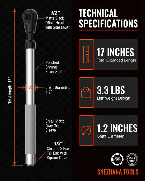 Illustration of Half Inch Offset Extension Wrench With Electric Power And Versatile Three Eighths Inch And One Quarter Inch Square Drive Adapters Impact Ratchet Extender For Tight Spots In Automotive Plumbing And Furniture Assembly High Torque, showing matte black offset head, polished chrome shaft, and specifications such as 17 inches total length.
