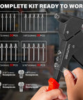 All In One 360 Degree Swivel Head Pop Rivet Gun Kit With 120 Blind Rivets Heavy Duty Hand Rivet Tool shown with interchangeable heads