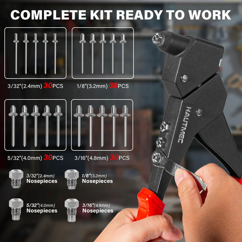 All In One 360 Degree Swivel Head Pop Rivet Gun Kit With 120 Blind Rivets Heavy Duty Hand Rivet Tool shown with interchangeable heads