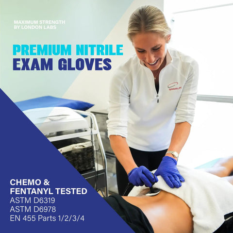 Built Tough 5 Mil Thick Nitrile Exam Gloves In Sharp Cobalt Blue Disposable Latex Free Protective Handwear For Health Professionals Emt Teams And Food Prep Straight Up Mega Bundle Of One Thousand Count used by a professional in a clinical setting.