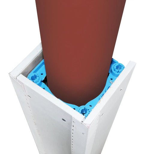 Fast Snap Column Enclosure Framing System Fits 3 To 4 Inch Round Pillars showing blue brackets around a brown round pillar.