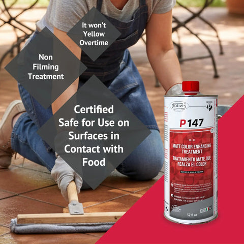 Hella Strong Solvent Based Color Enhancing Stone Sealer in a one liter bottle, applied on outdoor tiles by a person.