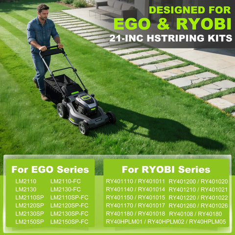 Person using D Ring Quick Mount Lawn Striping Kit for EGO 21 Inch and Ryobi walk-behind mowers on a green lawn