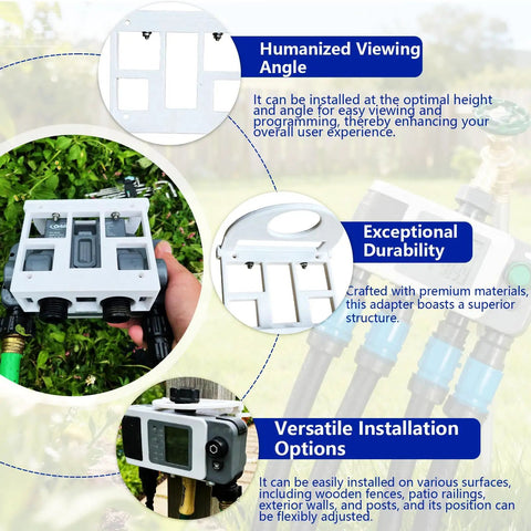 Simple No-Fuss 4-Port Smart Hose Timer Wall Mount Kit For B-Hyve XD Holder highlighting installation options and durability